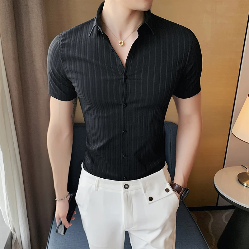 New Men\'s Fashion Gentleman Korean Version Business Stripes Slim-fit Wedding Casual Work Trend British Style Short-sleeved Shirt