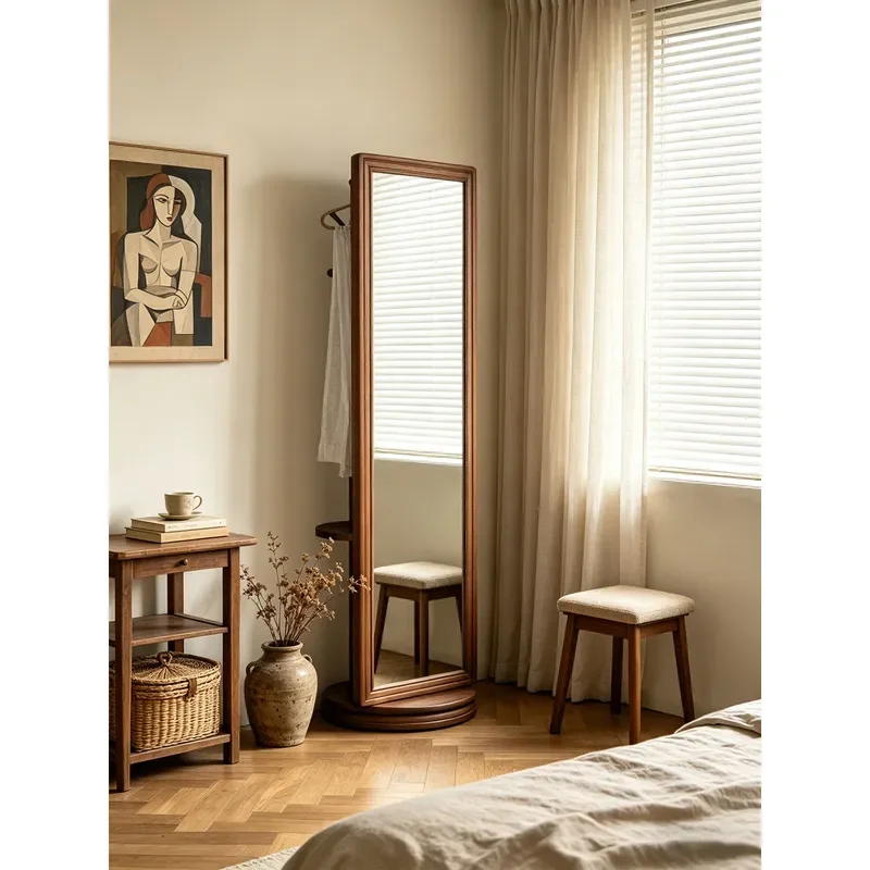 French Versailles Style Rotating Full Length Mirror Retro Carved Solid Wood Frame Floor Standing Mirror for Bedroom Home