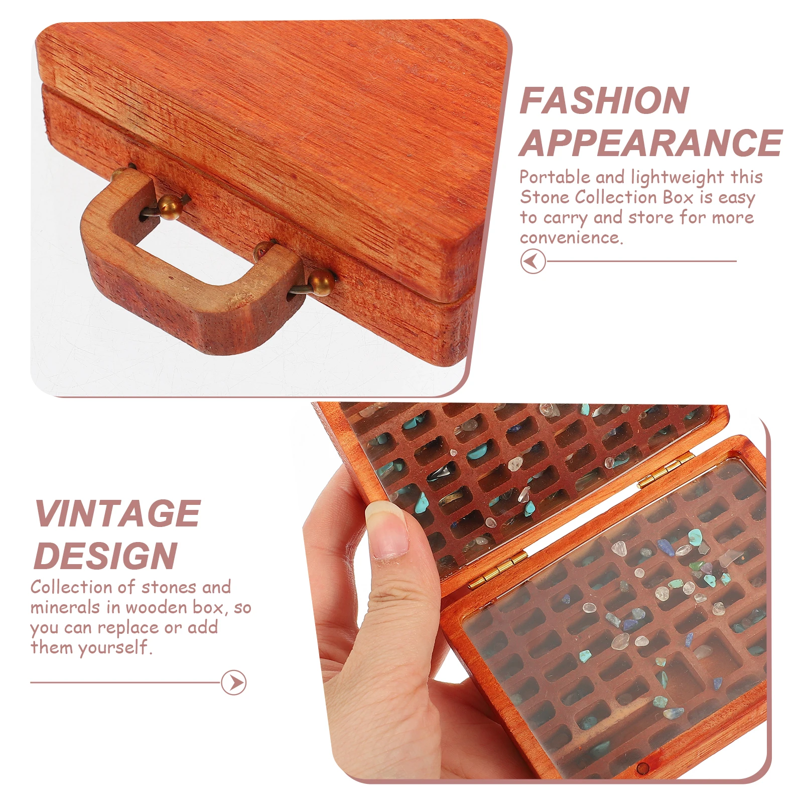 

Stone Collection Box Crystal Compartment Wooden Organizer Vintage Gemstone Display Storage Box Portable Jewelry Holder
