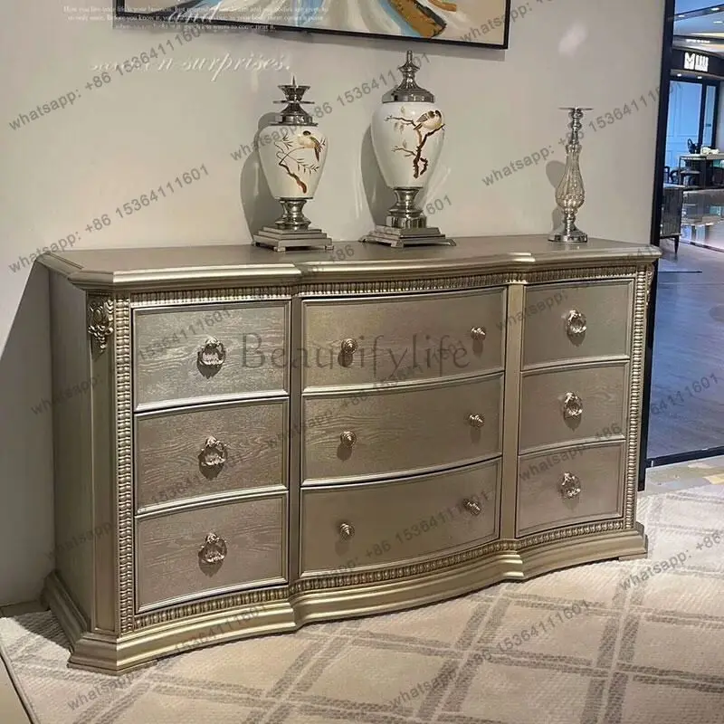 

American carved bedroom storage side cabinet retro simple light luxury champagne gold solid wood nine chest cabinet