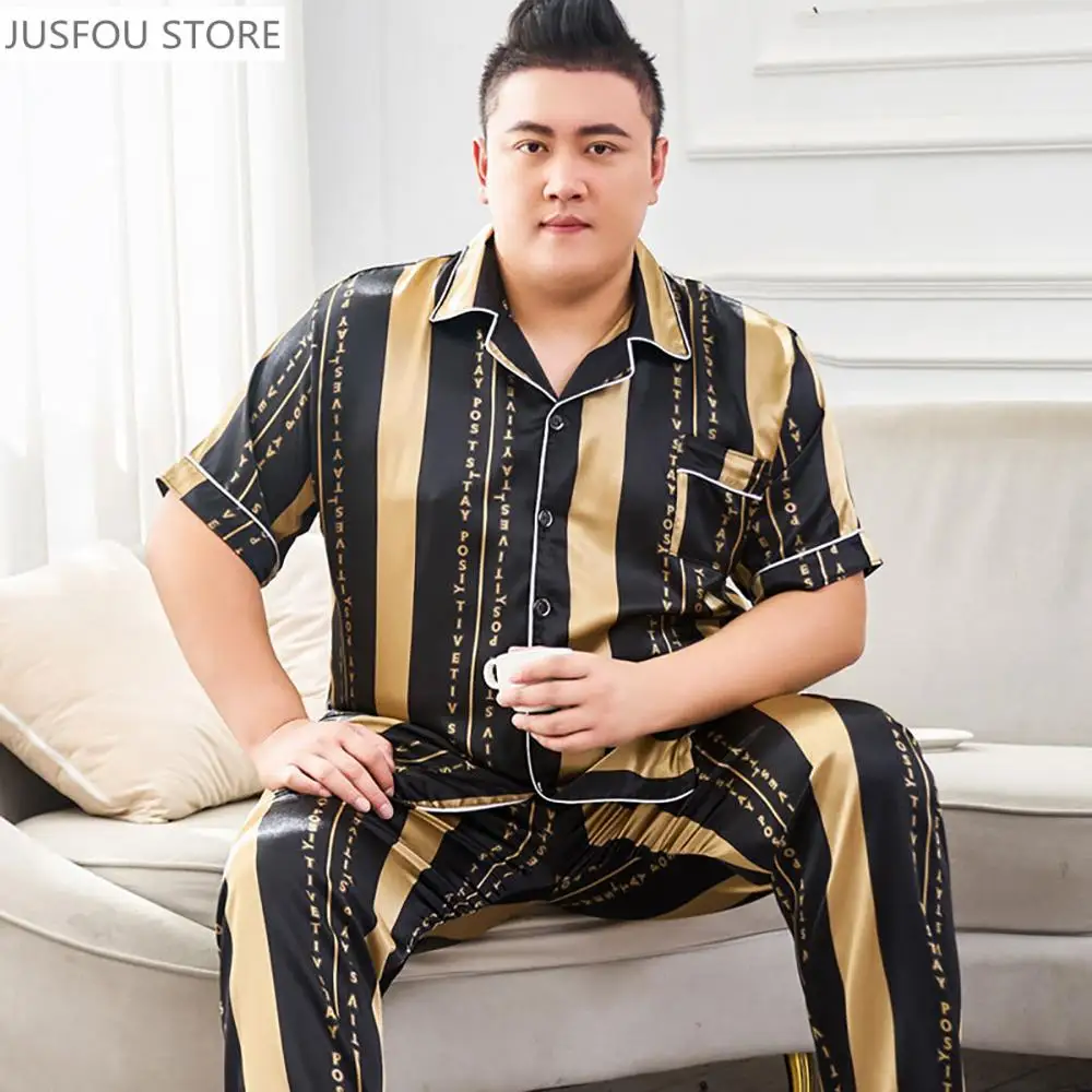 

3XL 4XL 5XL для 165 кг, мужские пижамы большого размера, весна-лето, ледяной шелк, атлас, крутая одежда для сна, повседневная свободная роскошная пижама с принтом Hombre