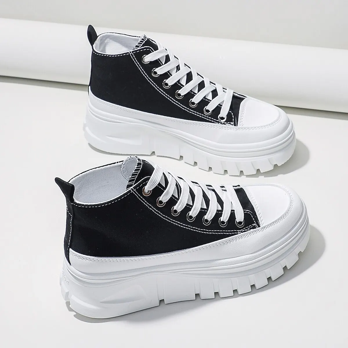 Women Lace-Up Front High Top Flatform Canvas Shoes Fashion Casual Comfortable Height Increasing Sneakers