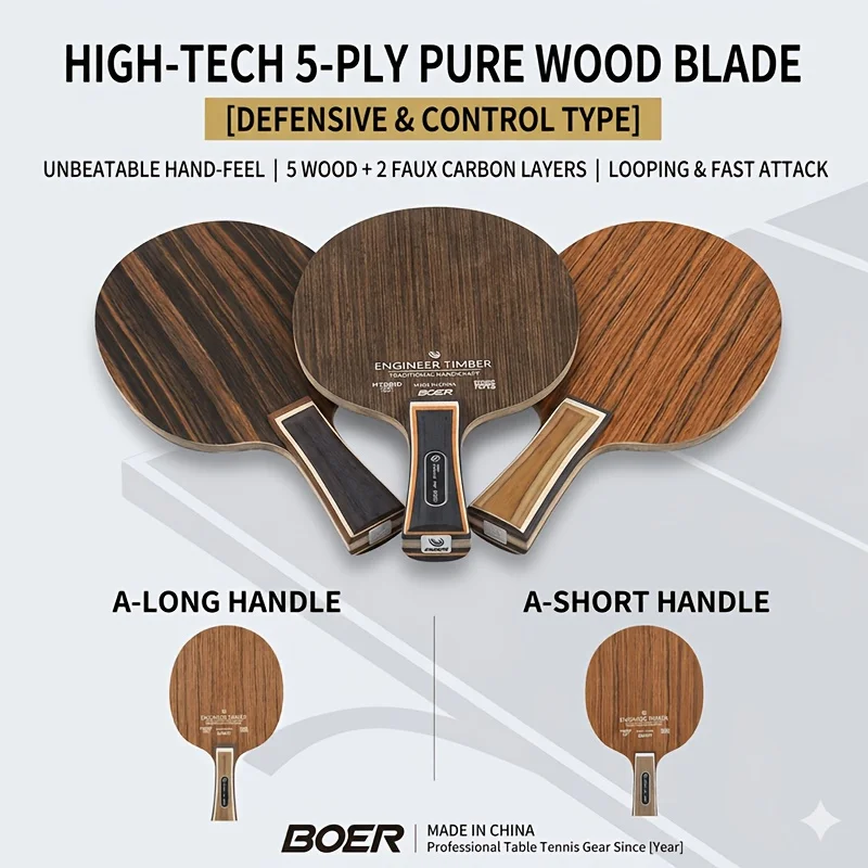 Pala de Tenis de Mesa Boer Five Wood +2 Carbon, Pala de Tenis de Mesa de 7 Capas para Competición y Entrenamiento