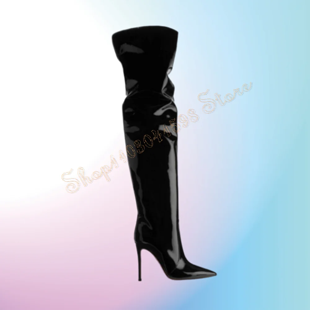 

Black Pleated Boots Stilettos High Heels Patent leather High Heel Shoes for Women Knee High Heels 2024 New Zapatos Para Mujere