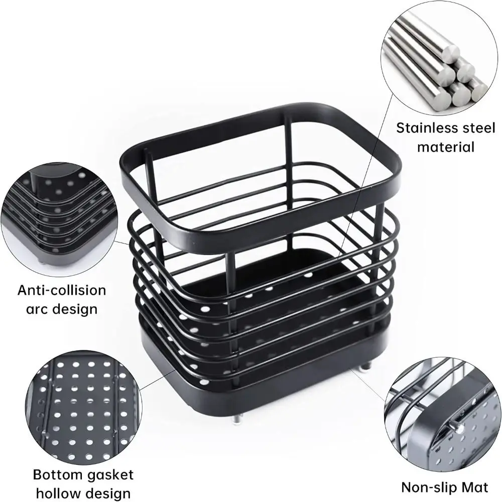 Silver Storage Shelf Easy To Clean Black Stainless Steel Toothpaste Holder Drain Rack Bathroom