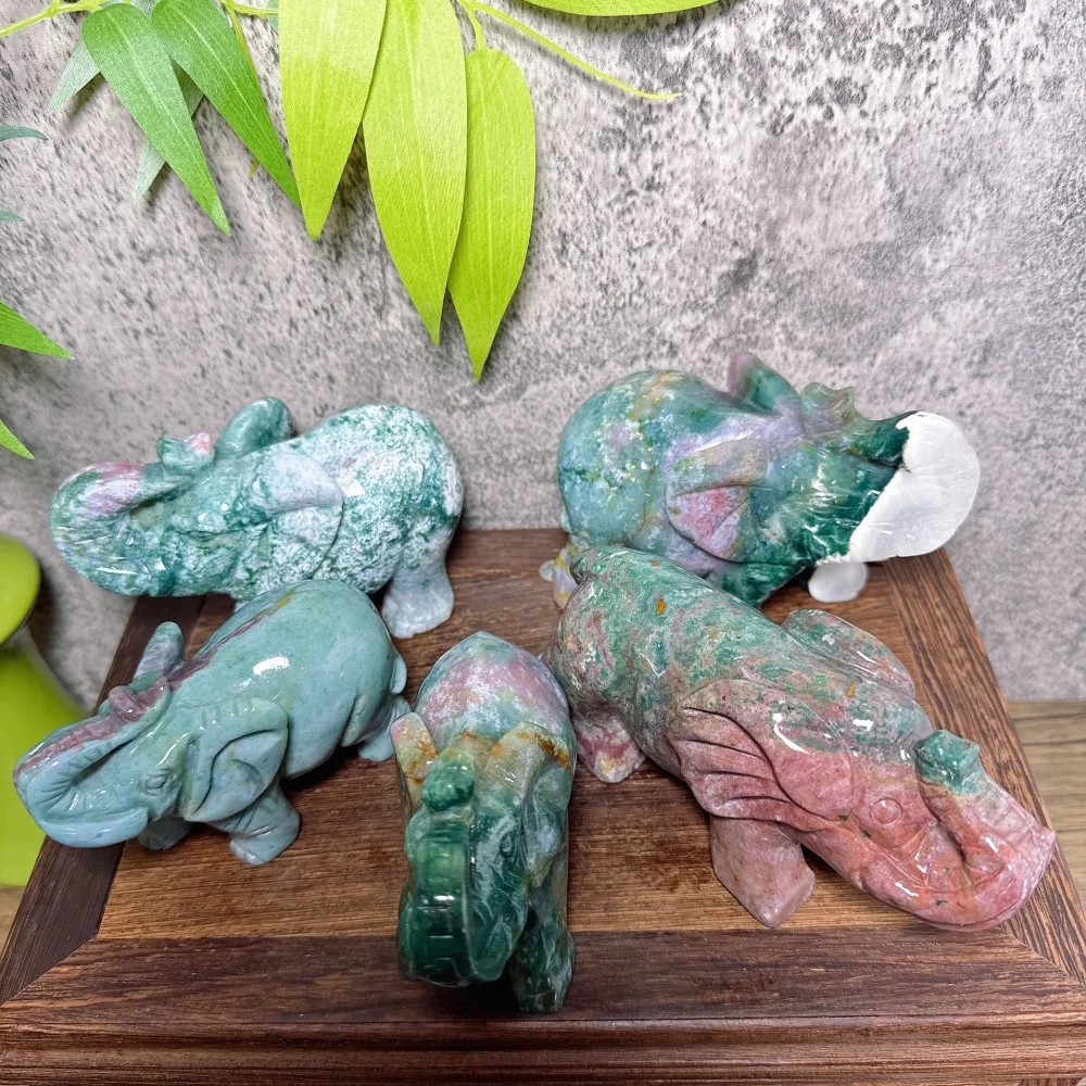 Natural Handcarved Ocean Jasper Elephants Carving Colorful Healing Crystal Reiki Energy Home Decor Cute Animal Gift