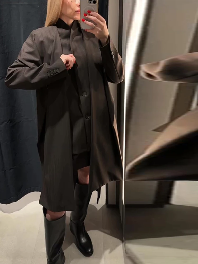 2026 Autumn Winter Elegant Women Blazer Long Sleeve Pockets Single Breated Pockets With Scarf Coat High Street Lady New
