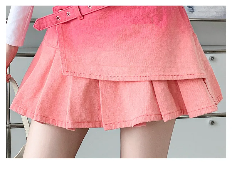 2024 Women's Spring/Summer Barbie Pink Gradient Denim Short Skirt Fashion American Spicy Girl Y2K Subcultural Pleated Cute Skirt