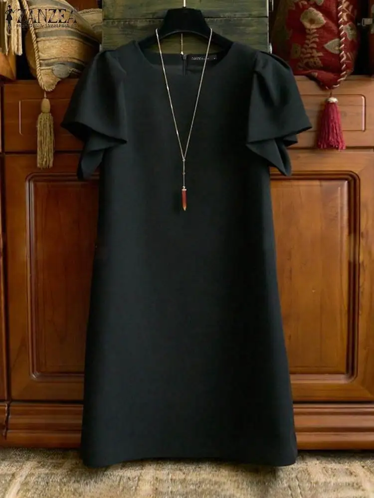 

ZANZEA 2024 Summer Elegant Lady Robe Women Vintage Solid Dress Ruffled Sleeve Mini Sundress Office Casual O-neck Loose Vestidos