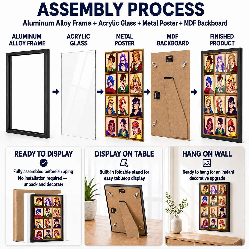 Stardew Valley Character Portrait Grid Framed Aluminum Metal Poster Personalized Cinematic Style Wall Art For Entertainment Room