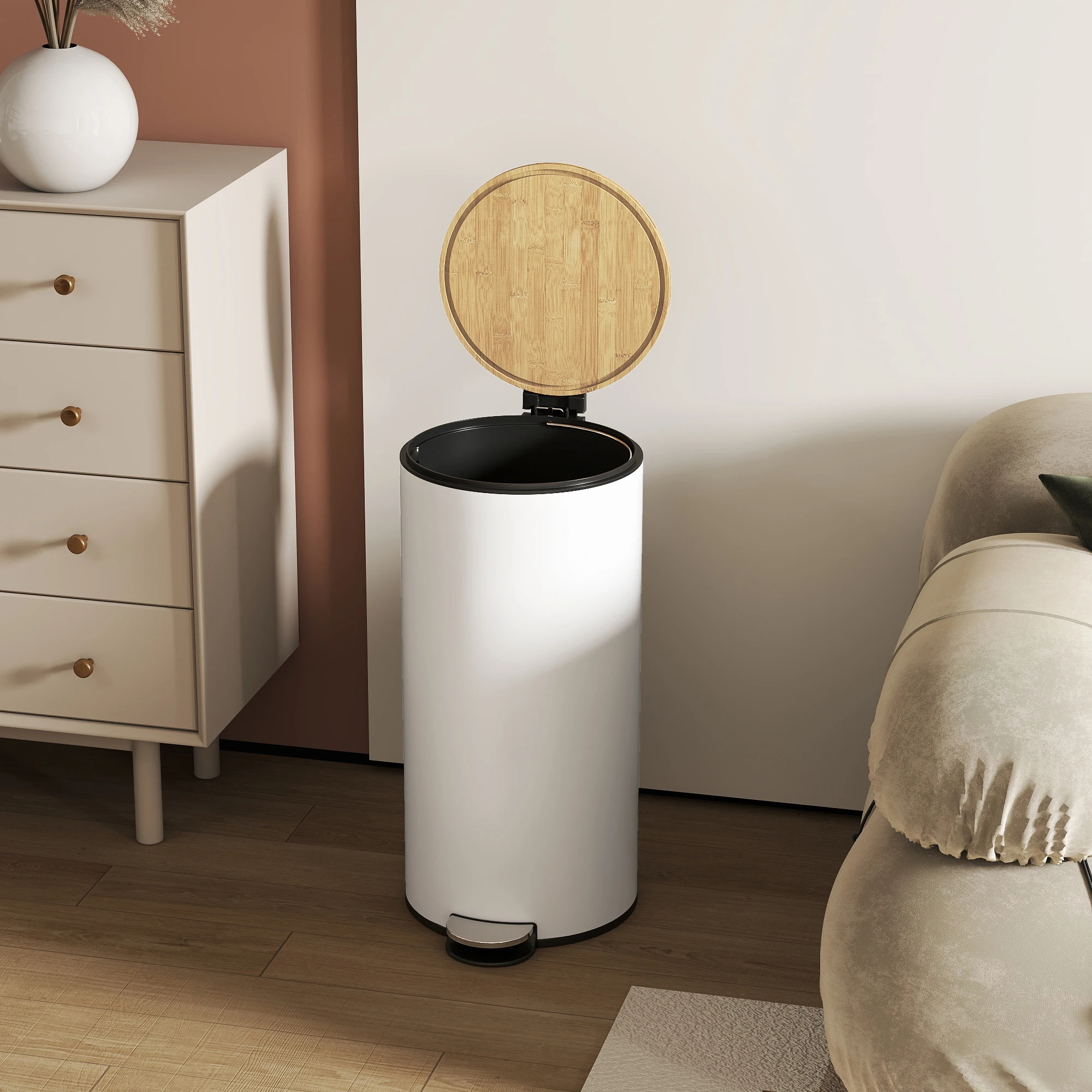 Cubo de Basura para Cocina de 30L con Pedal, Tapa de Bambú con Cierre Suave y Cubo Extraíble para Dormitorio, Oficina, Salón, Blanco