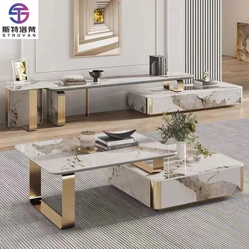 

Champagne Center Table Console Floor Cabinet Rectangular Stands Rock Slab Top Coffee Table for Living Room Furniture