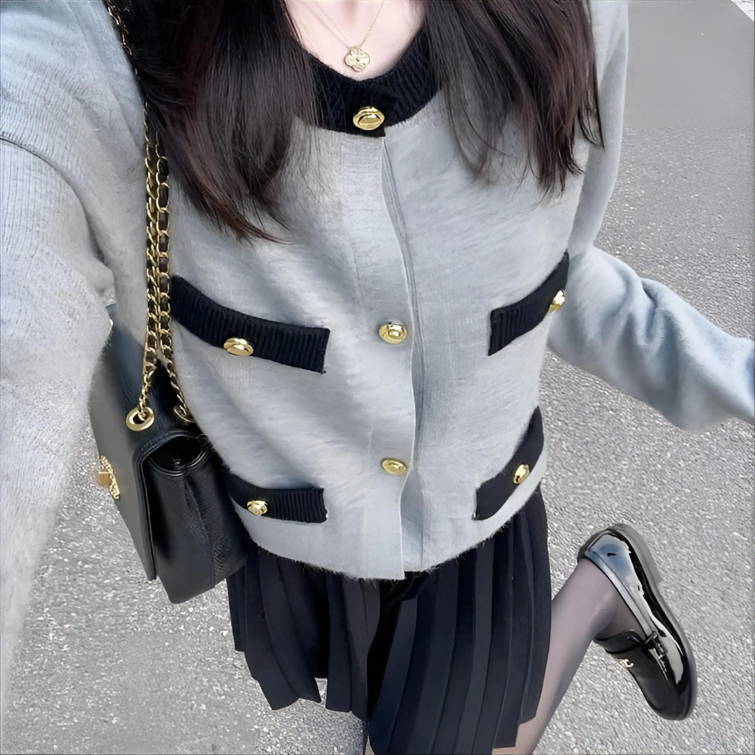 

Tweed Jacket Long Sleeve Womens Summer Korean Style Panelled Multi-Functional Bomber Grid Stretchy Zippers Printing Holes Gentle