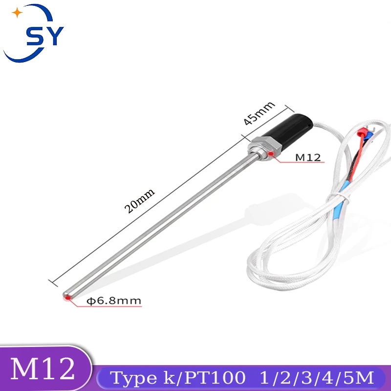 Probe Type Thermocouple Temperature Sensor Thread M12 K PT100 Line Length 1/2/3 4/5M 0-600°C Temperature Controller Screw 200mm