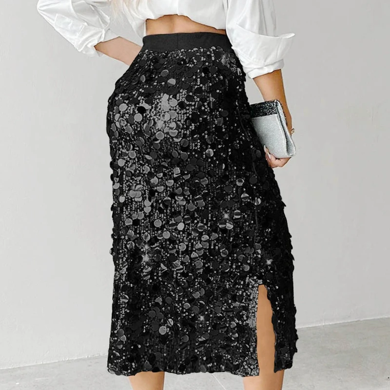 Women's Solid Sequin Fashion Midi Skirt High Waist Bodycon Sparkly Pencil Skirt Elegant Party Skirt for Evening Event & Dating