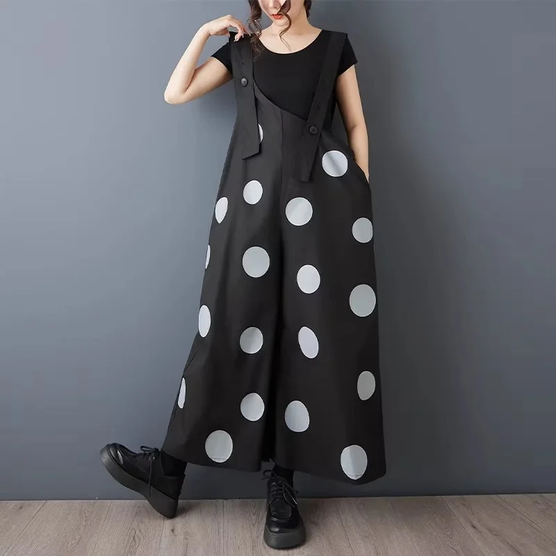 Designer Retro Jumpsuit: Black Polka Dot Wide Leg Romper | Women's Fashion Print Overalls | Spring Summer Casual Wear W2077