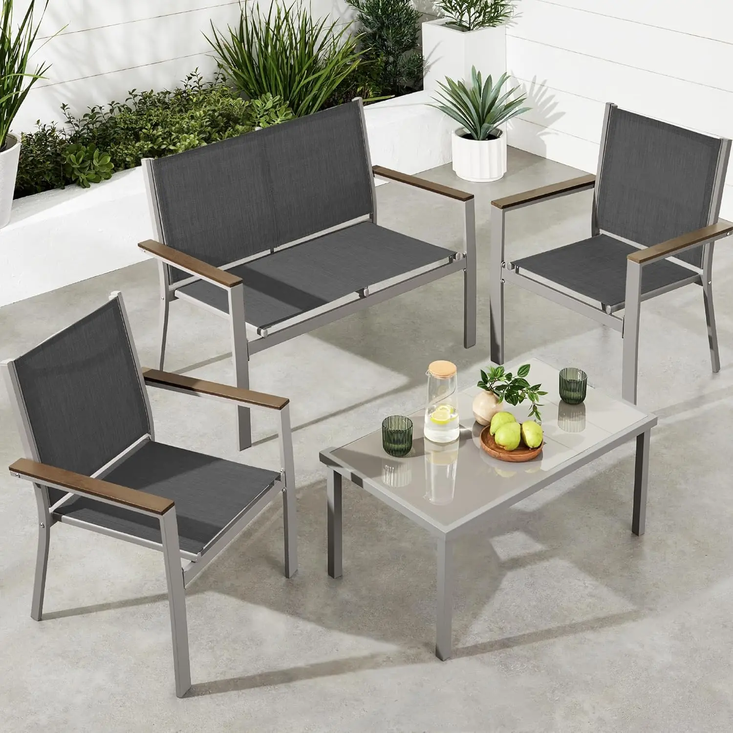 4-Piece Outdoor Textilene Patio Conversation Set, Backyard Furniture w/Loveseat, Coffee Table, Steel Frame - Taupe/Charcoal