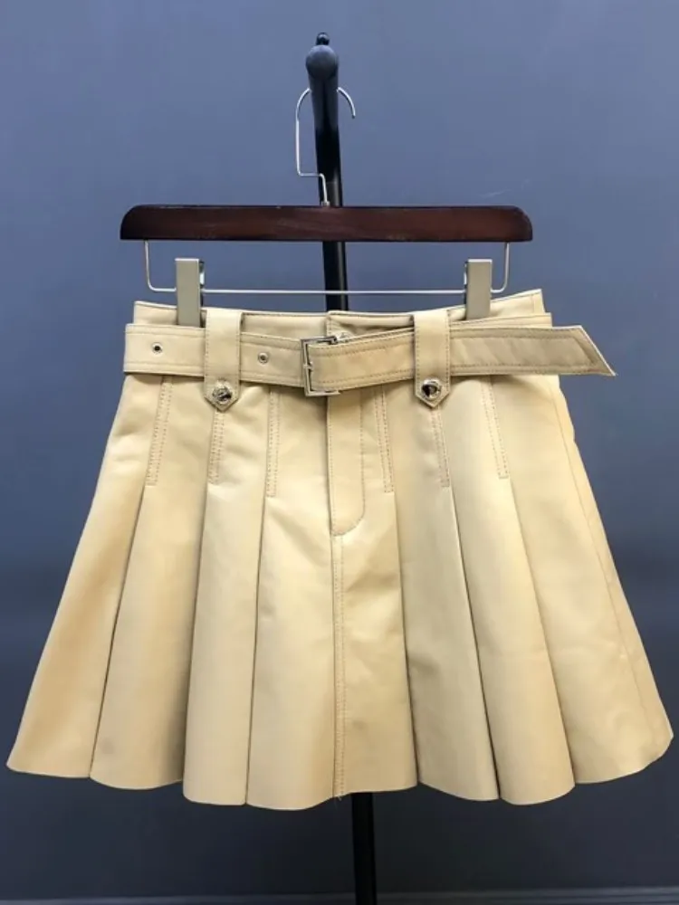 Office Ladies Top Quality Genuine Leather Fashion A-Line Skirt Slim Korean Style Sashes Solid Color Sheepskin Pleated Skirts