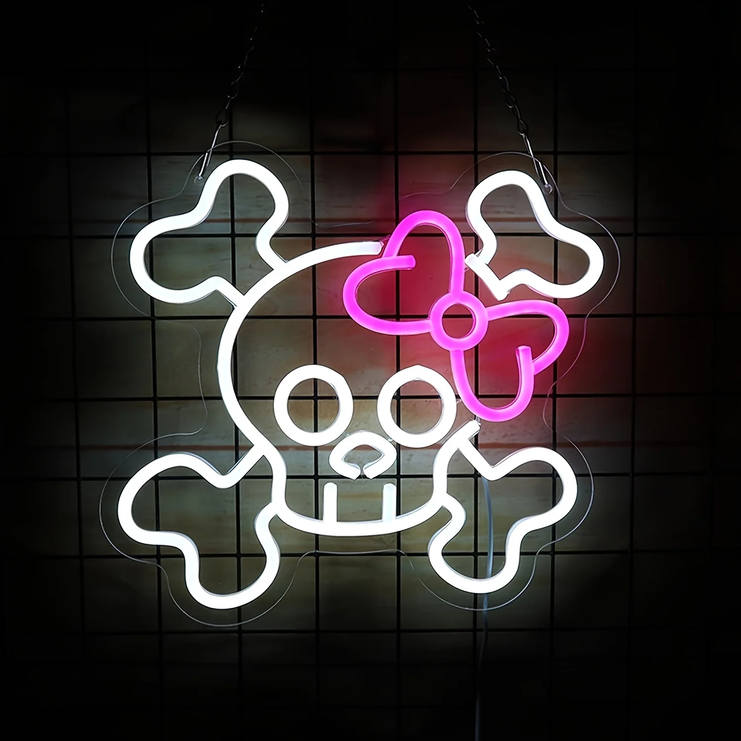 Cute Skull Bow Neon Sign LED Wall Light Dimmable USB for Girls Bedroom Beauty Room Halloween Party Shop Decor Gift for Friend