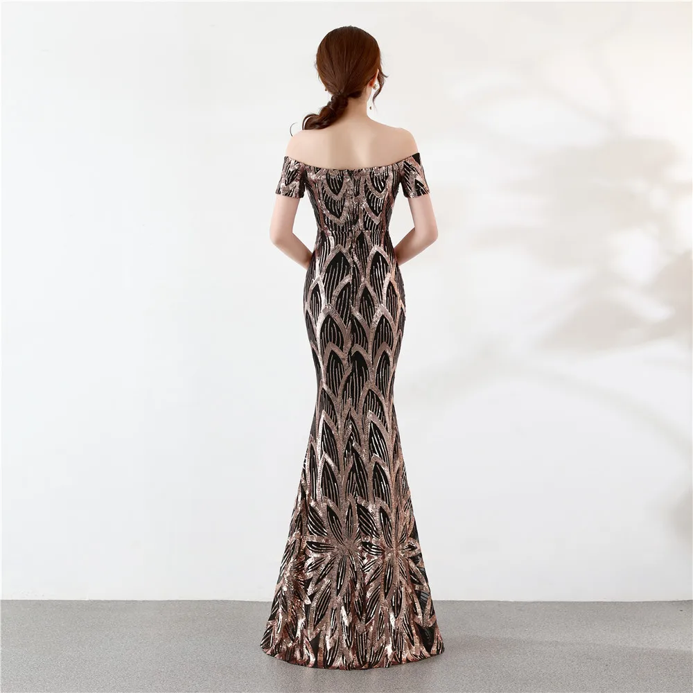 Women's Off-Shoulder Sequins Sweep Train Mermaid Evening Dress