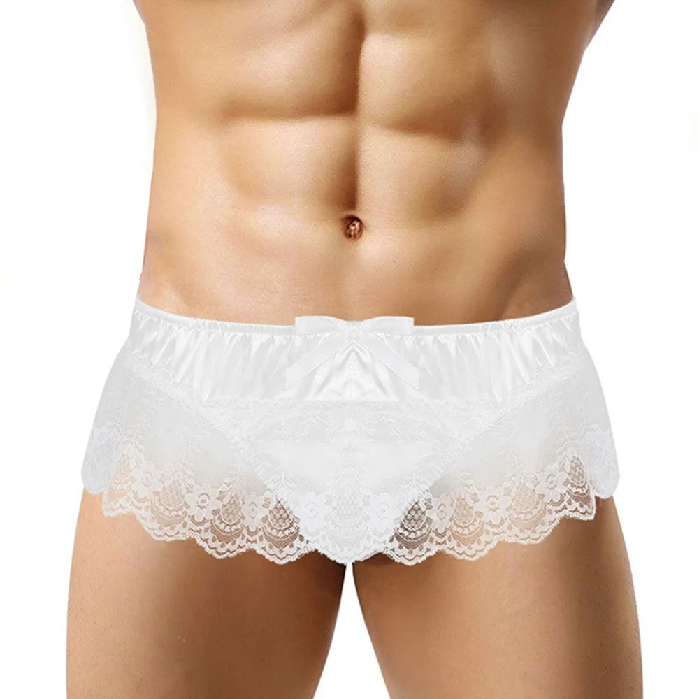 Homens Sexy Renda G-Strings Sissy T-Back Ruffle Pouch Calcinhas, Cuecas de Cetim, Roupa Interior Respirável, Roupa Gay, Lingerie Erótica