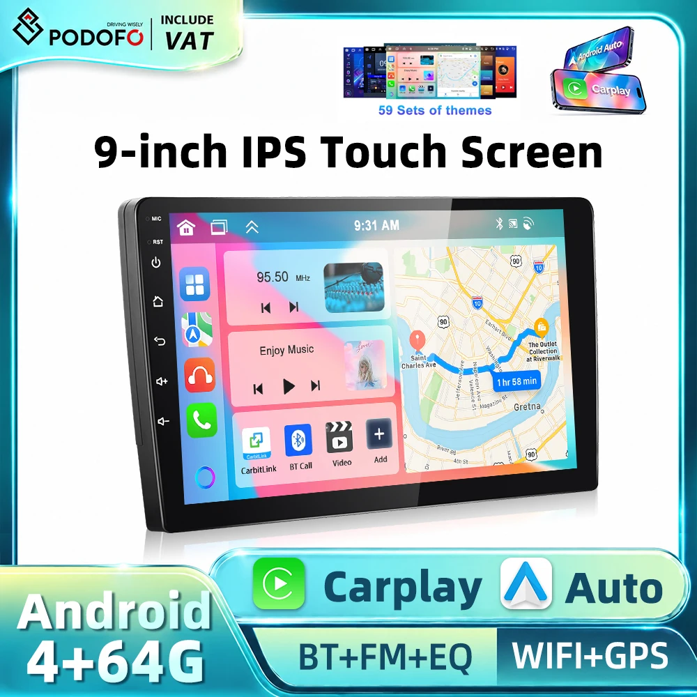 Autoradio Android Podofo 4+64G, système intelligent, CarPlay sans fil, écran tactile IPS 9 pouces, navigation GPS, lecteur multimédia automobile, BT, EQ, radio FM RDS, stéréo