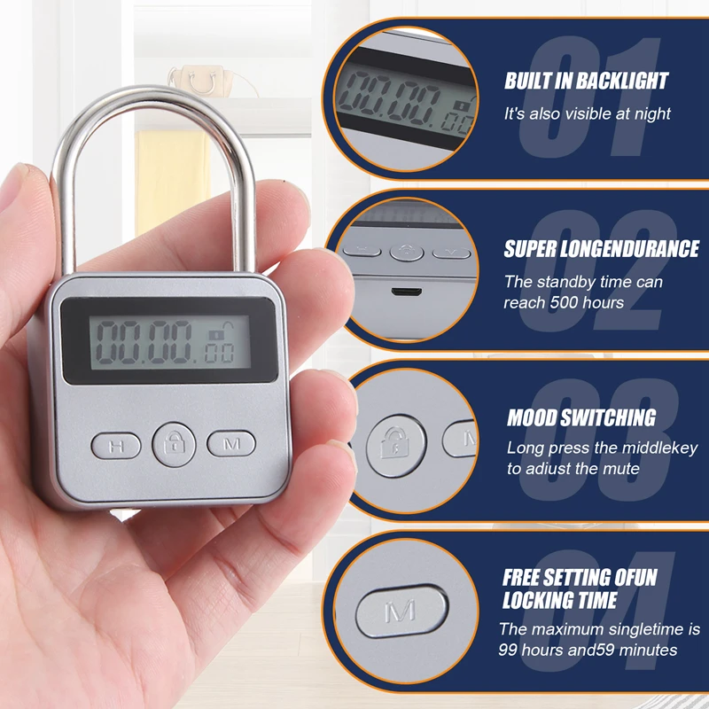 Metall-Timer-Schloss, LCD-Display, multifunktionale elektronische Zeit, 99 Stunden maximales Timing, wiederaufladbares USB-Timer-Vorhängeschloss