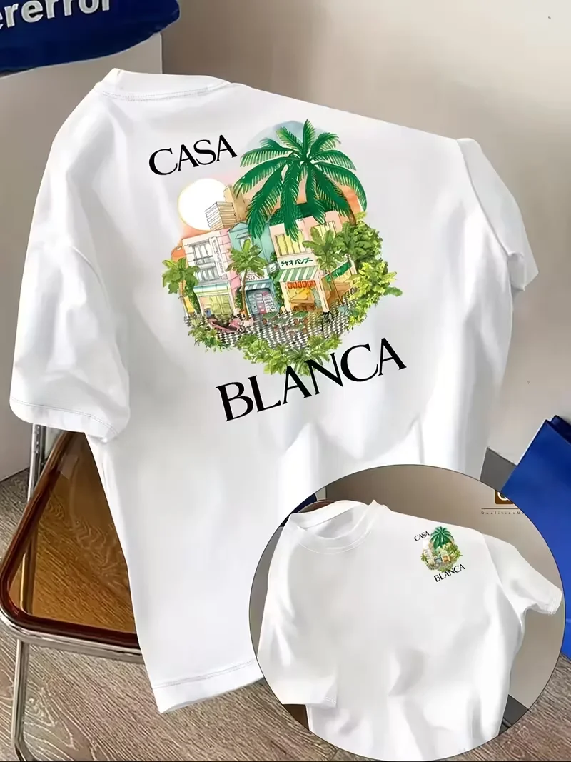 Casablanca esthetisch architectonisch grafisch T-shirt, casual T-shirt met ronde hals en korte mouwen, zomerneutrale streetwear top unisex