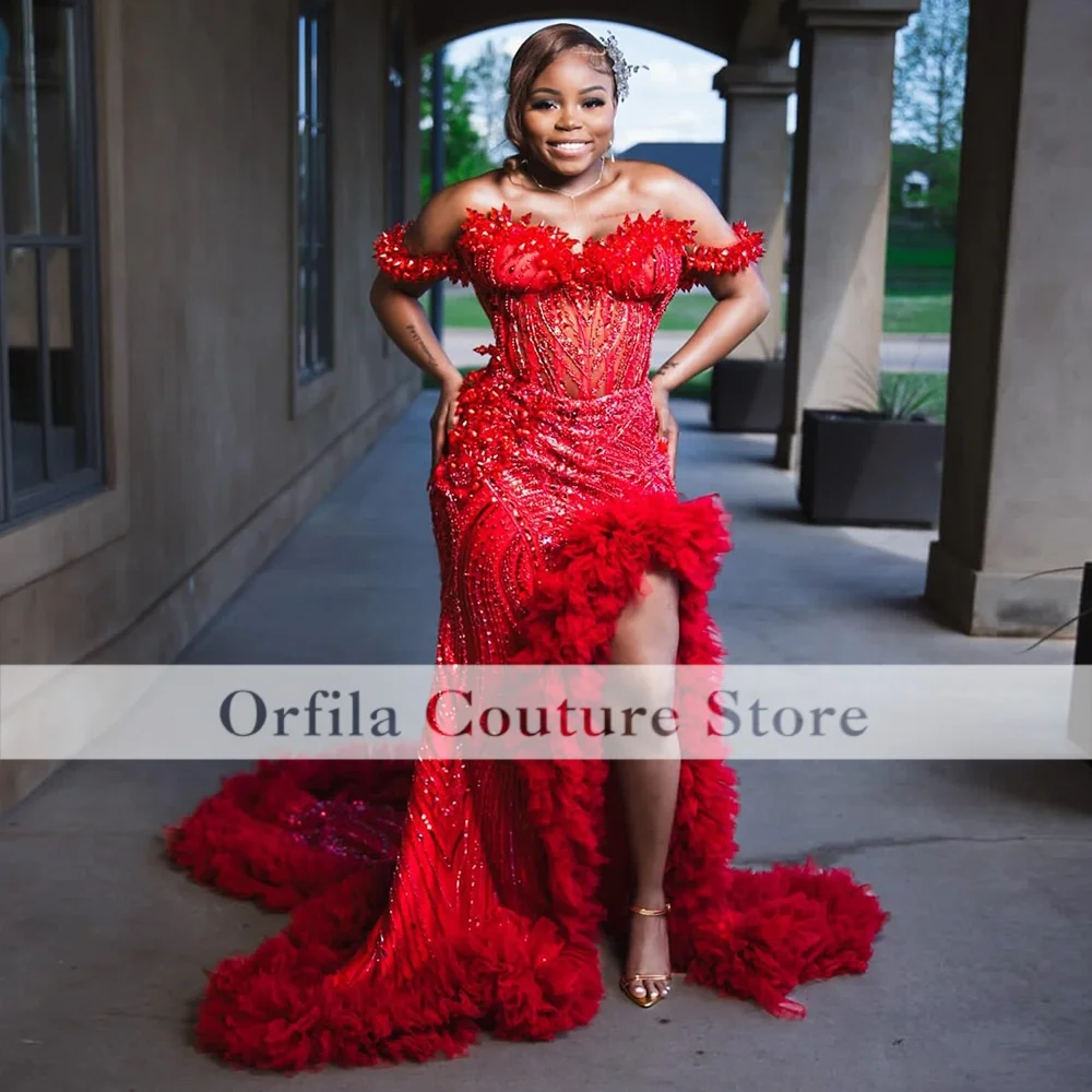 Red Prom Dresses For Girls 2026 Long Mermaid Luxury Crystals Beading Off Shoulder Charming Evening Gowns Gala Gown Customized