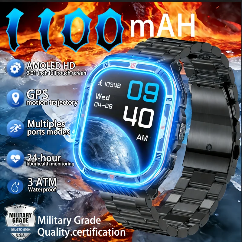 

Новые мужские смарт-часы 2026 года со встроенным аккумулятором 1100 мАч, GPS для активного отдыха, AMOLED-экраном 2,01 дюйма, водонепроницаемостью 3ATM и функцией звонков по Bluetooth