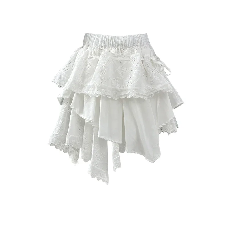 Irregular Design White Cake Skirts Women 2025 Spring Sweet Embroidery Hollowed Out Lace Up Fluffy Short Skirt Casual