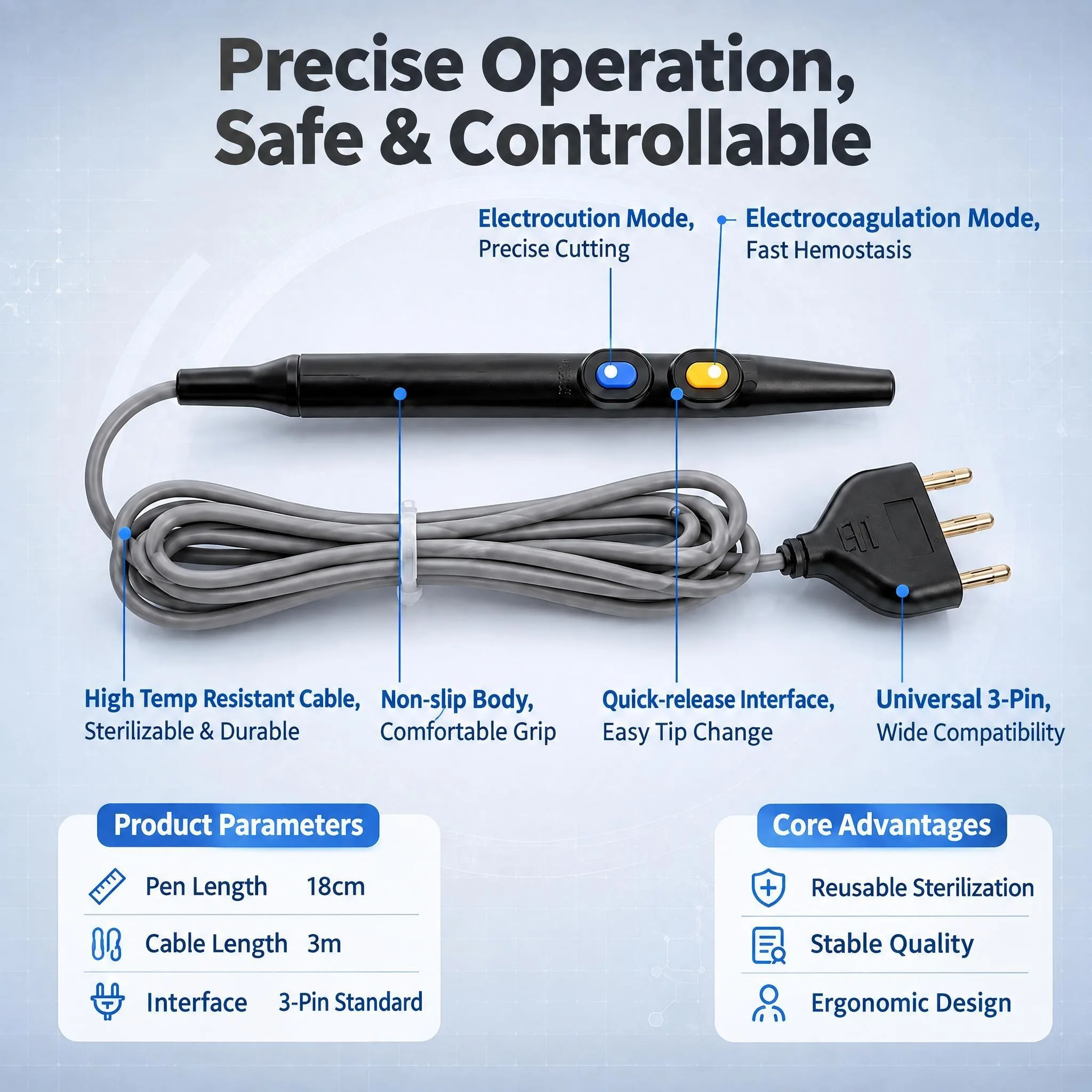 Beauty 3‑Plug Electrosurgical Pencil Cutting Coagulation Handpiece Skin Treatment Accessory