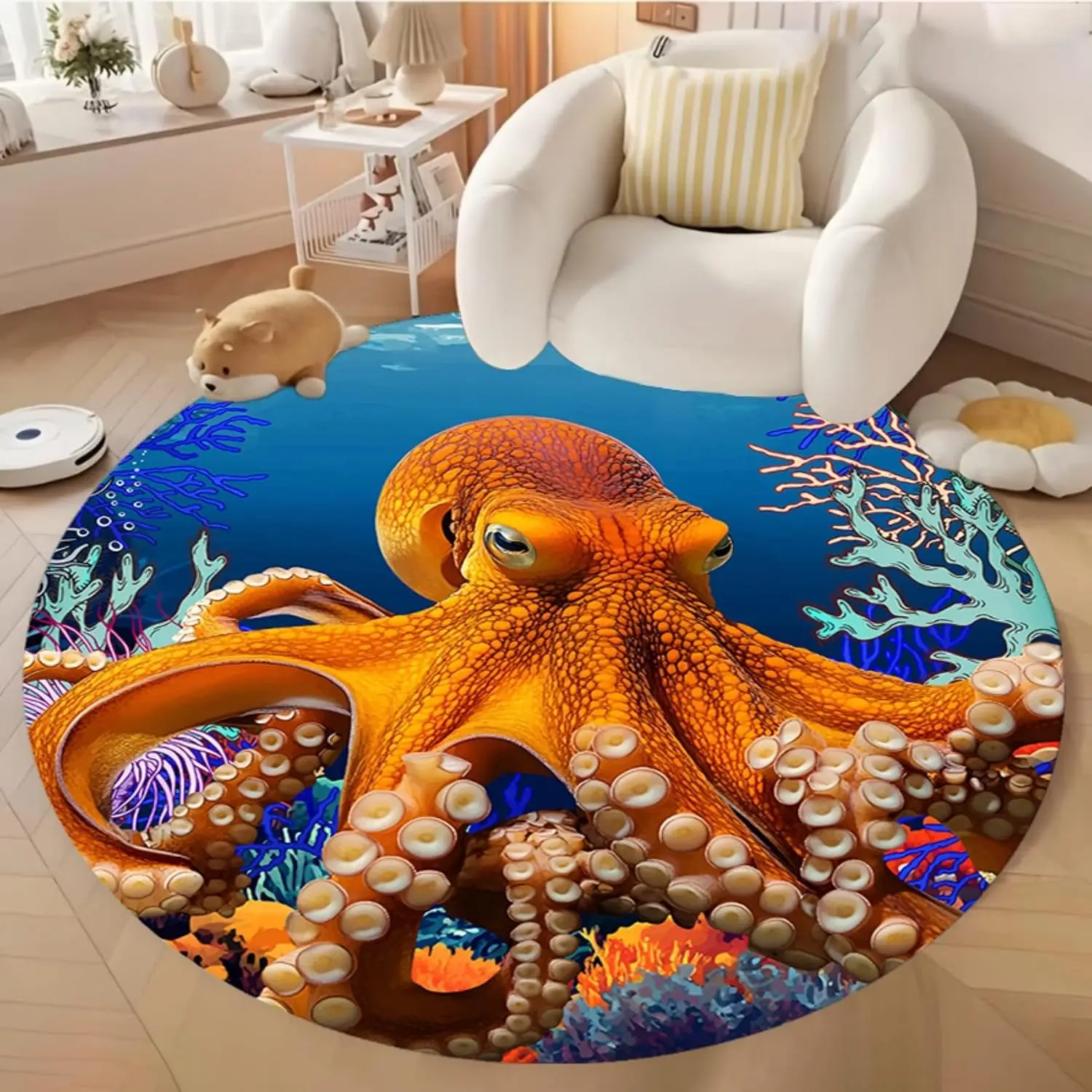 Ocean Style Circular Rug 3D Sea Shell Starfish Print Round Carpet for Bedroom Living Room Coastal Decor Non-Slip Floor Mat