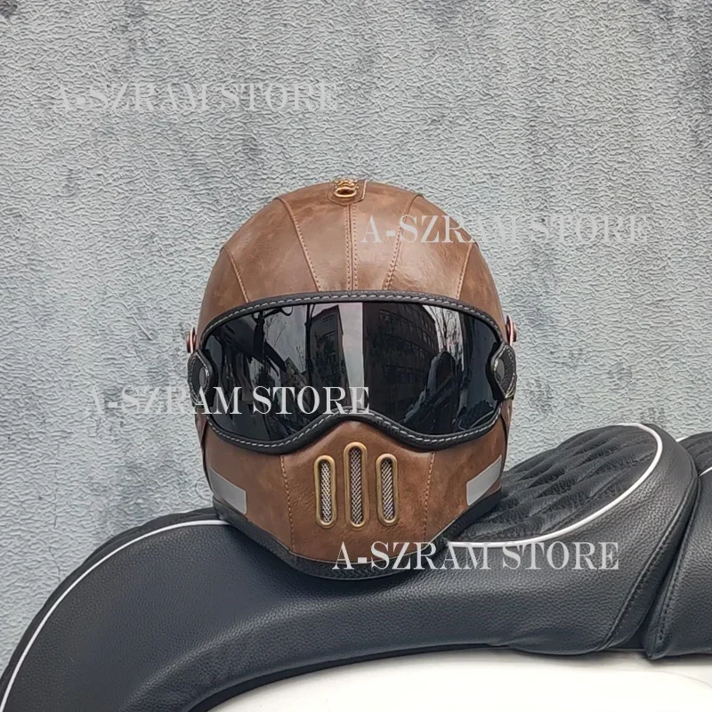 Casque de moto en cuir rétro ORZ, casque intégral violet, coque légère, casse-têtes, conducteur de course