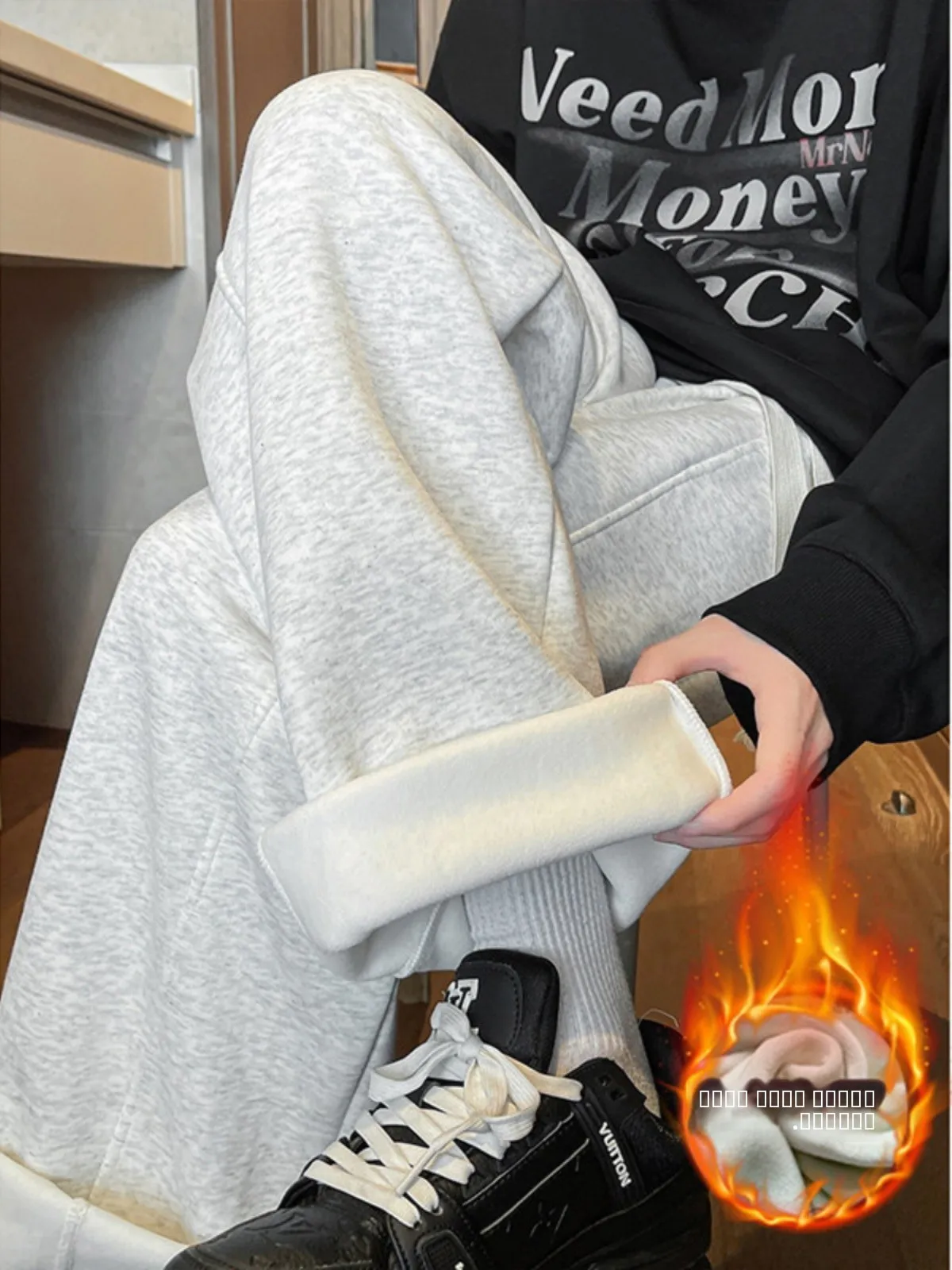 

ay Fce Lined Dstring Men's Casual Workwear Pants Autumn Winter Straight Leg Loose Fit Breathable Faionable Teenage