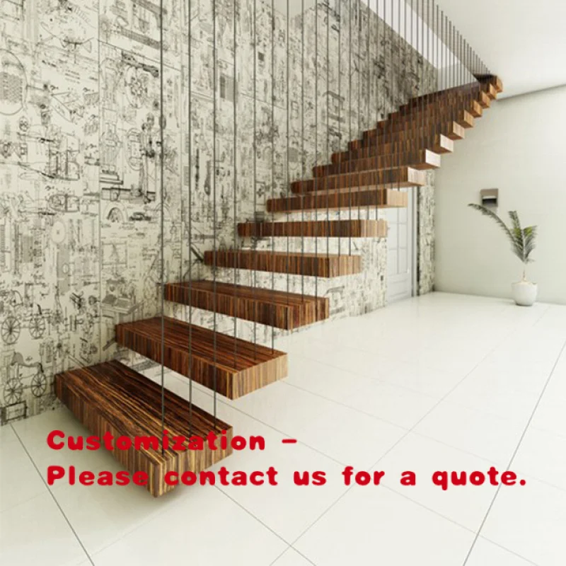 custom.Stair with Solid Wood Tread Brass Stair Rods Patch Fitting Floating Staircase