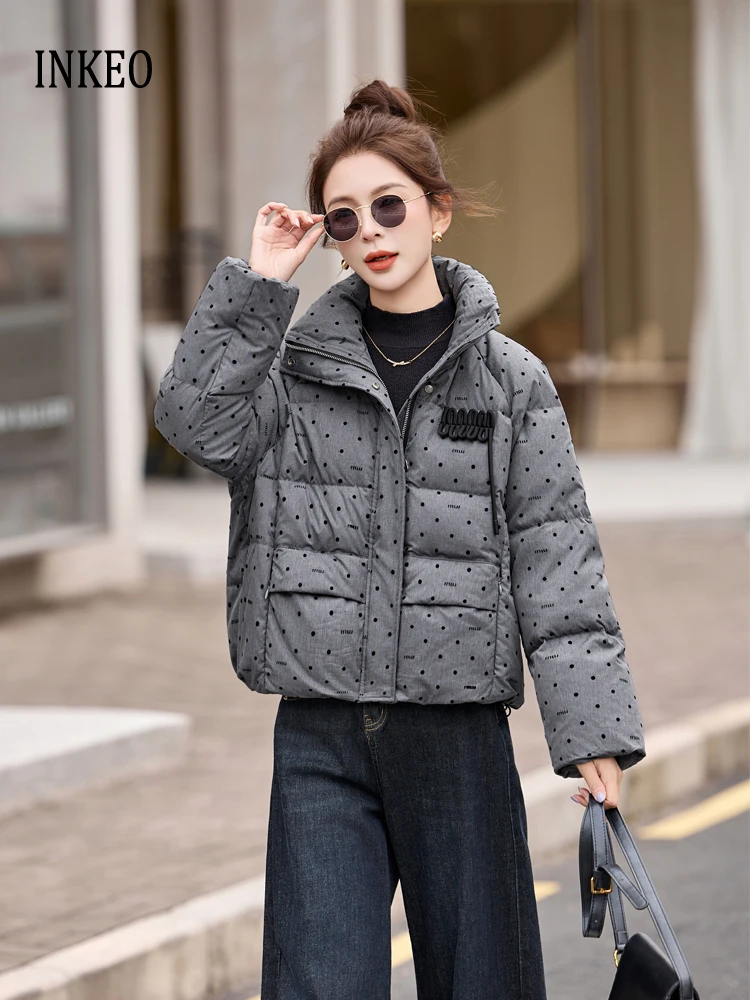 

High quality Polka dot print down jacket Women Winter Fashion High-neck short puffer coat Oversize 2026 New outwear INKEO DJ622