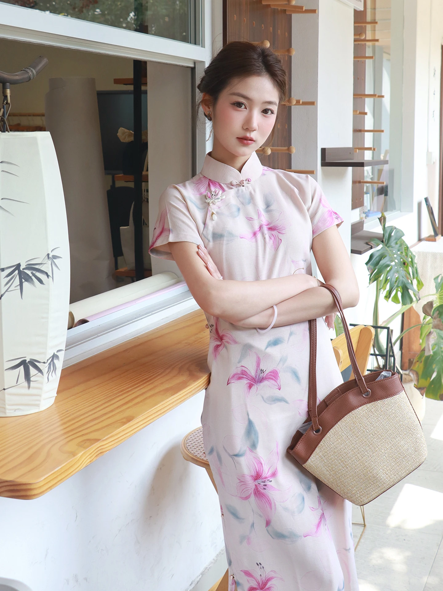 

Elegant Pink Traditional Chinese Style Full Slit Long Dress Women's Fashionable Breathable Summer Gown with High Slit