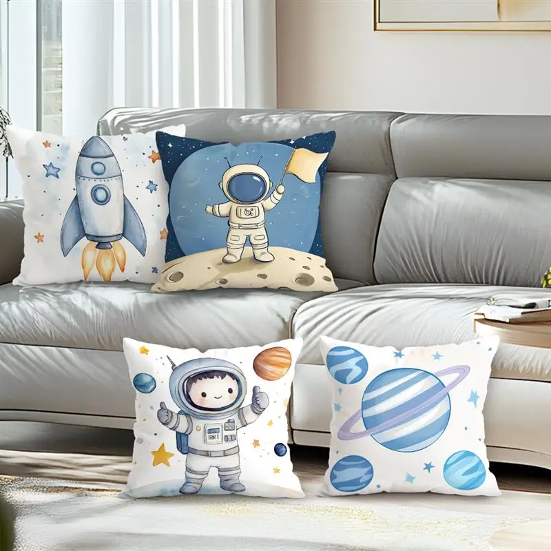 Funda de almohada de felpa corta, decoración del hogar, fundas de almohada con diseño de astronauta y cohete con temática espacial, funda de cojín adecuada para sofá