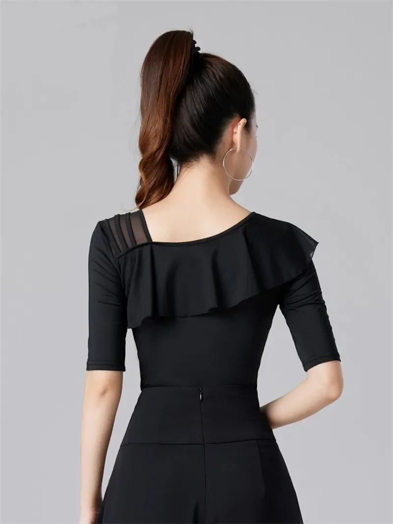 

Moden Mesh Patchwork Ballroom Standard Dance Skirts Latin Girls Rhinestones Korean Style Clothing Women Classical Ruffle Tops