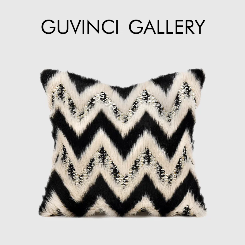 GUVINCI Morocco Style Hippie Fox Fur Sequins Decorative Pillow Case Black Tan Zigzag Geometric Luxurious Cushion Cover Handmade