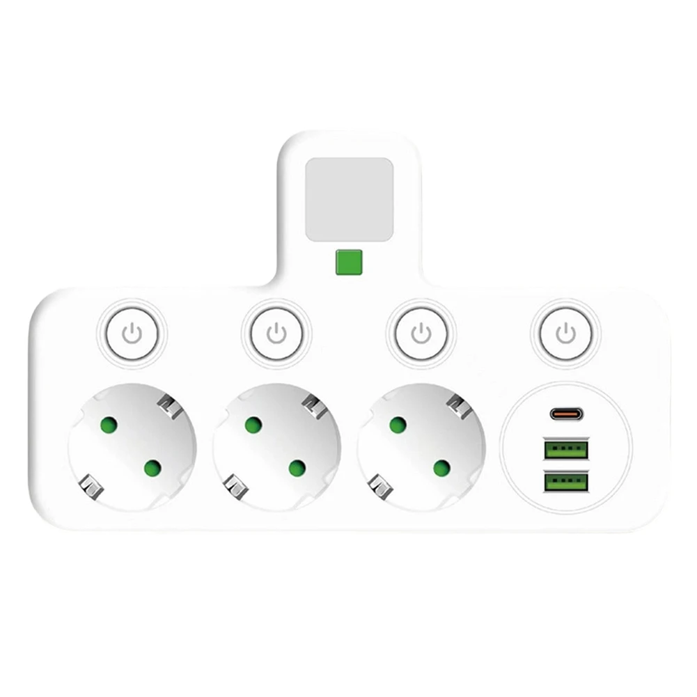 

EU Power Adapter Supporting Multiple Devices Simultaneously with USB Charging and Individual Socket Switch Function