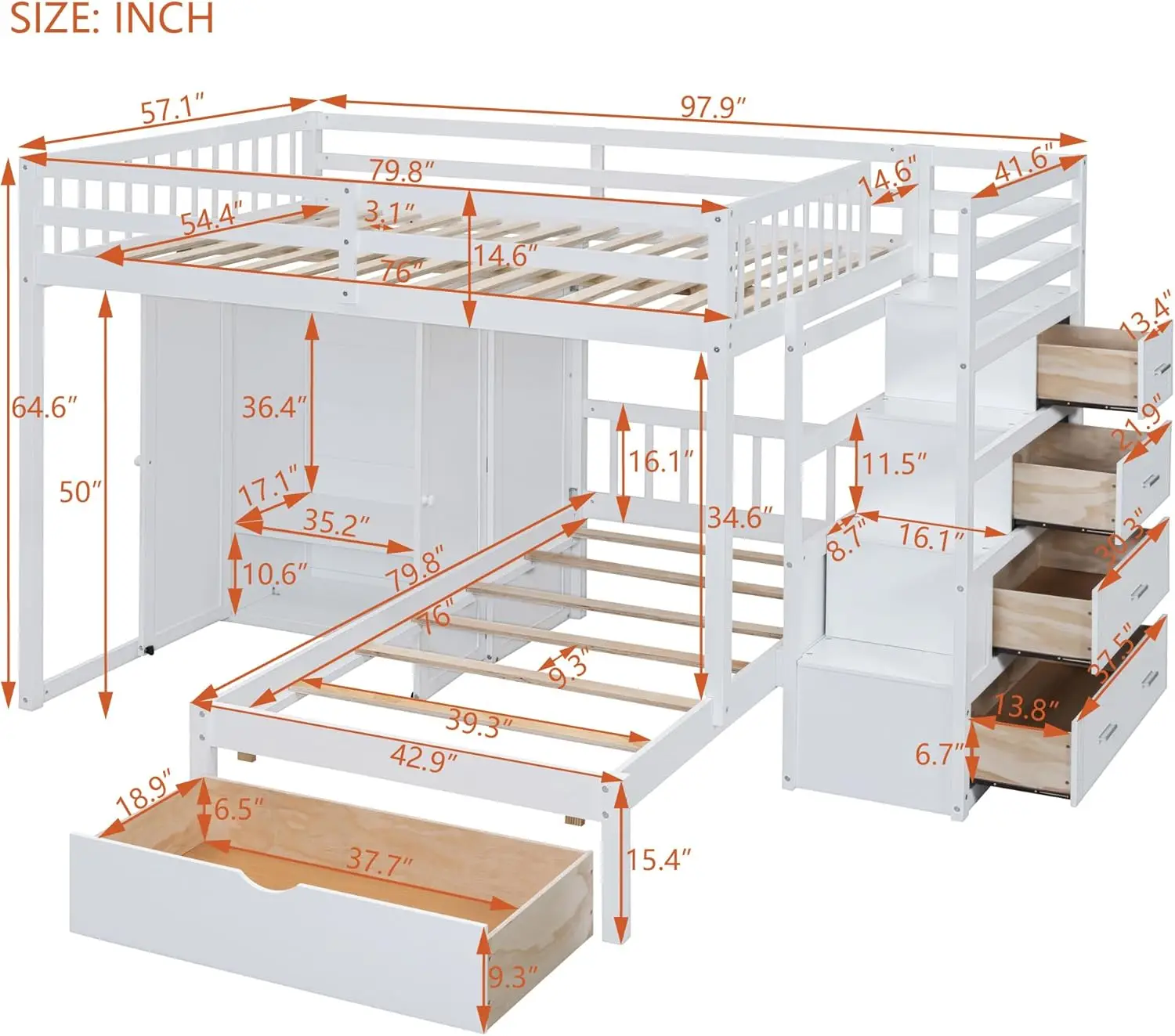 Full Over Twin Bunk Bed With Wardrobe, Drawers, White