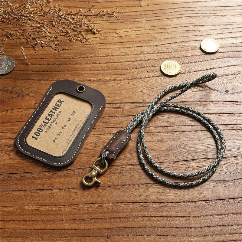 Genuine Leather Badge Holder For Men Women Vintage Handmade Original Cowhide ID Employee Work Bus Card Case Cover With Lanyard