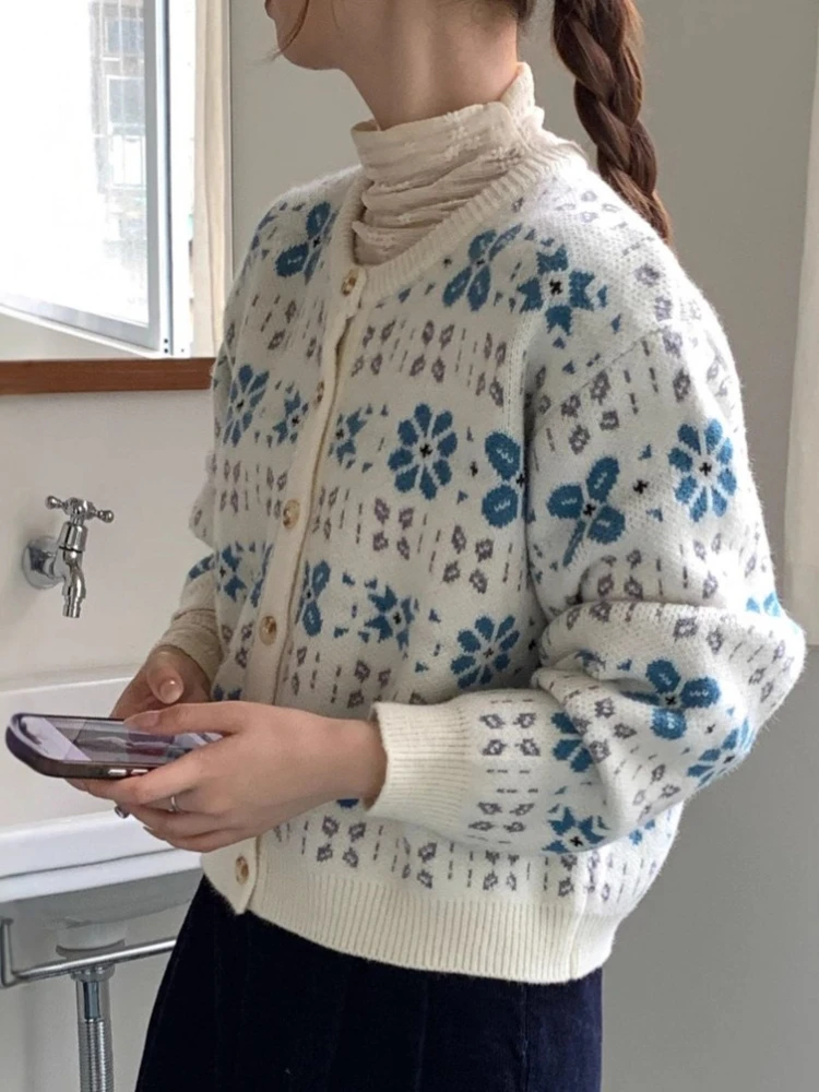 

Fashion All Match Cardigan Single Breasted Jacquard Long Sleeve Casual Loose Sweaters 2025 New Knit Tops Vintage Women Clothing