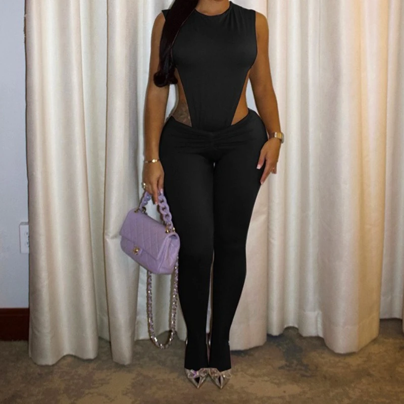 Sexy 2 Piece Set Women Tracksuit Sleeveless Side Split Bodysuits+Ruched Foot Leggings Matching Suit Streetwear Outfits 2025 Fall