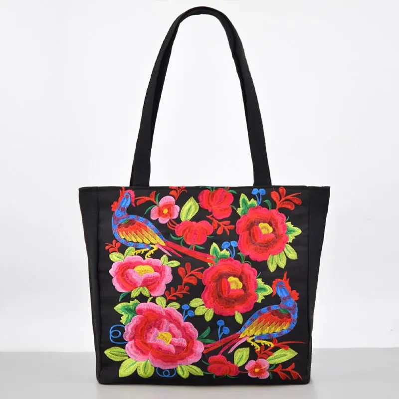 Ethnic Style Embroidery Shoulder Bag Large Capacity Literary Canvas Bag Retro Peony Tote Shopping Bag