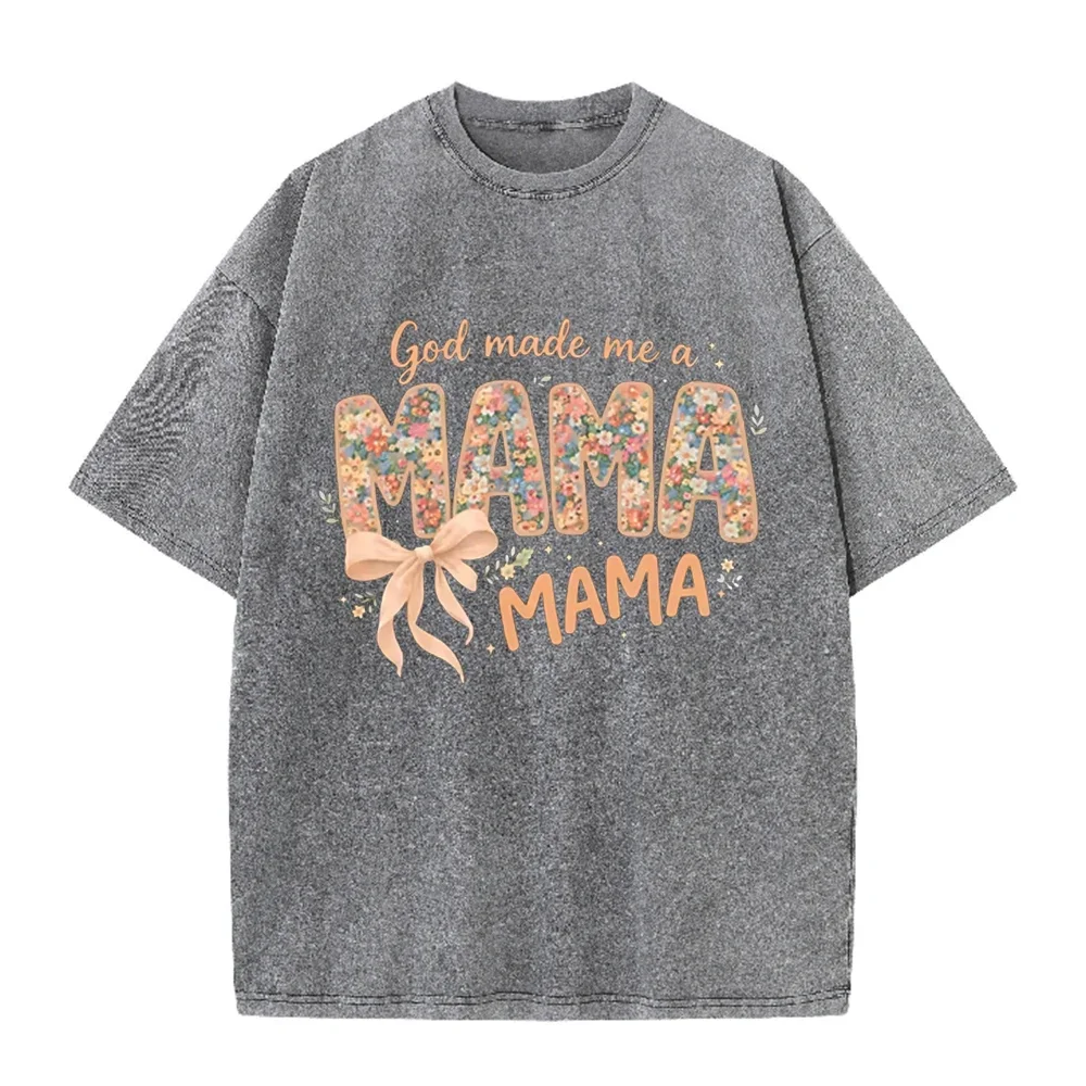 2026 Floral Fill Mama Letter Bow Graphic Black Acid Washed T Shirt God Made Me A Mama Mothers Day Casual Oversized Unisex Short