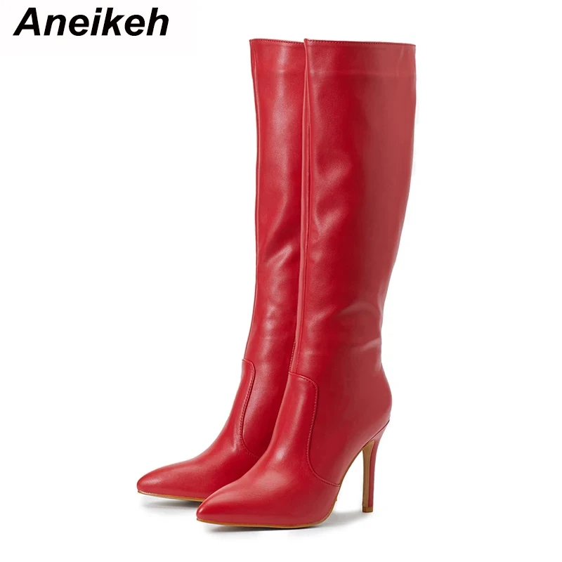 Aneikeh Women\'s Fashion Sexy Pointed Thin Heel Knee High Long Boots 2024 Spring/Autumn PU  Panel Side Zipper Boots Designer35-42