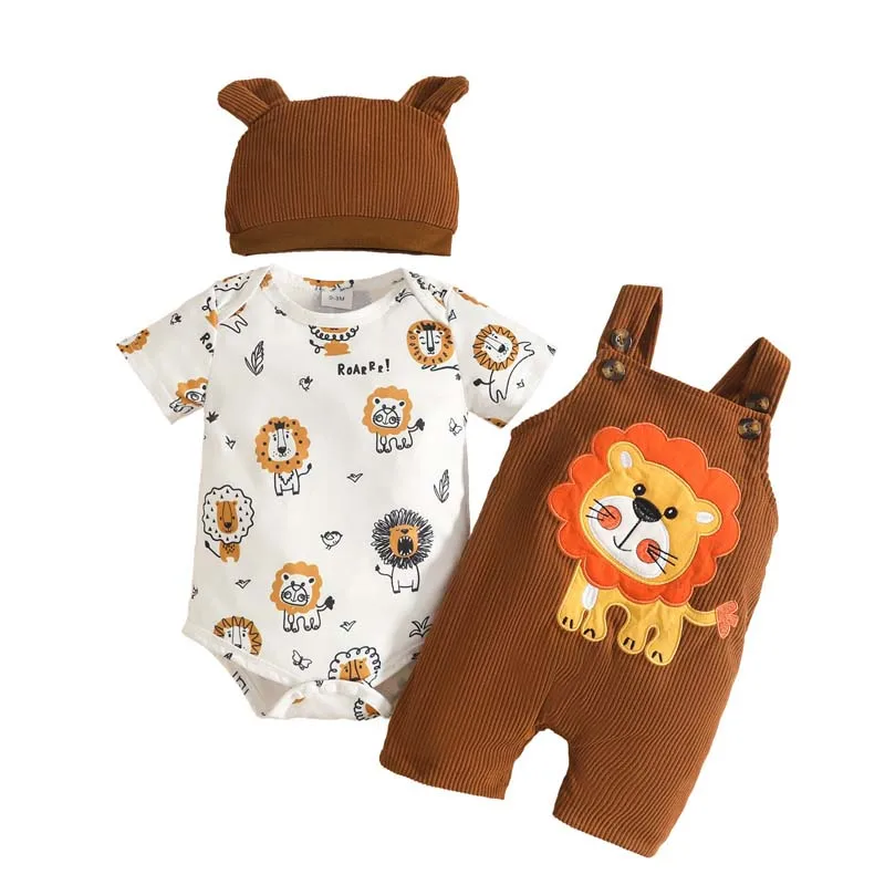 Baby Clothing Baby Boy Set 3Pcs Outfits 0-18Months Summer Short Sleeve Lion Onesies Sling Shorts Hat Baby Boy Clothes